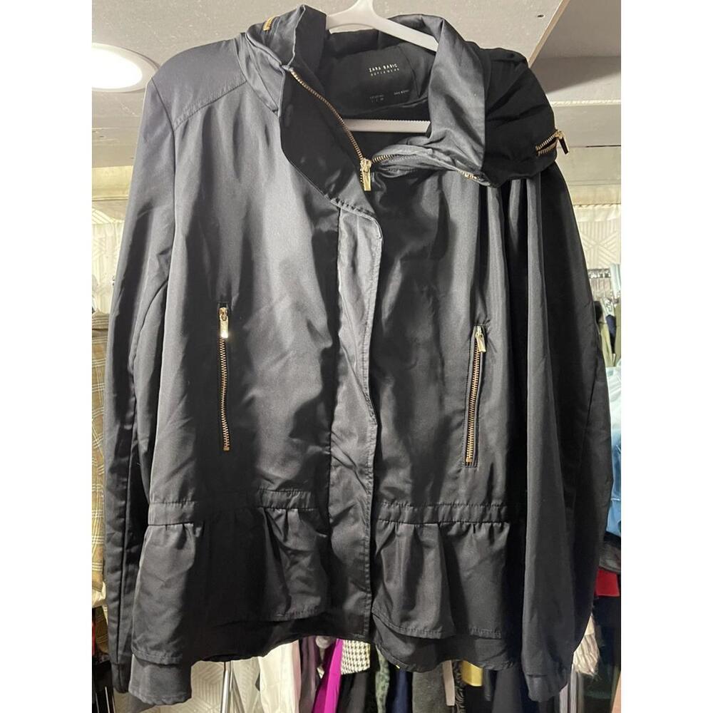 Women's Black Large Zara Outerwear Jacket Hooded gold zippers